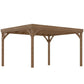 Brown wooden pergola with curved top beam, cross braces, and four posts