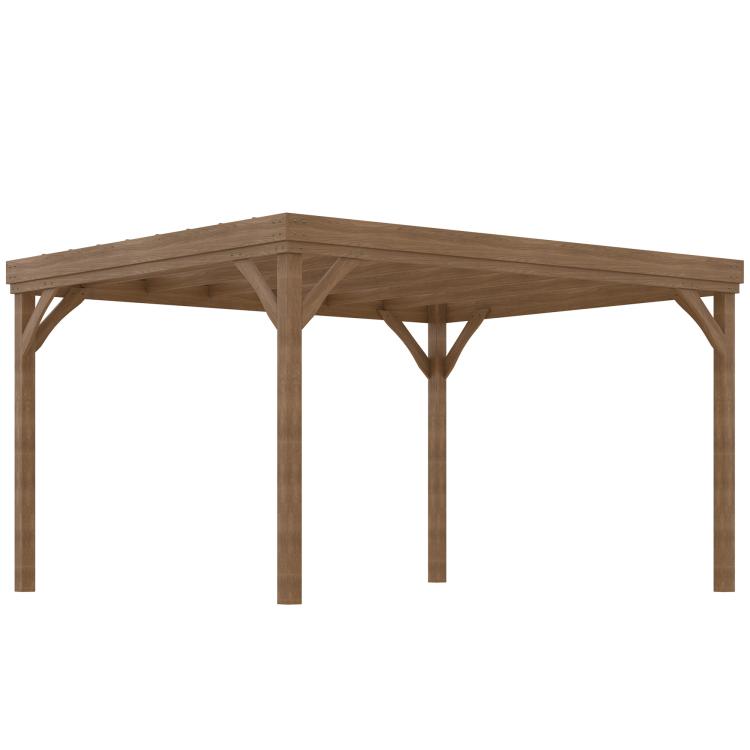 Brown wooden pergola with curved top beam, cross braces, and four posts