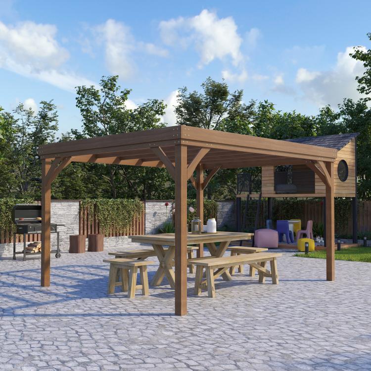 Brown wooden pergola over patio seating area with slatted canopy and support posts