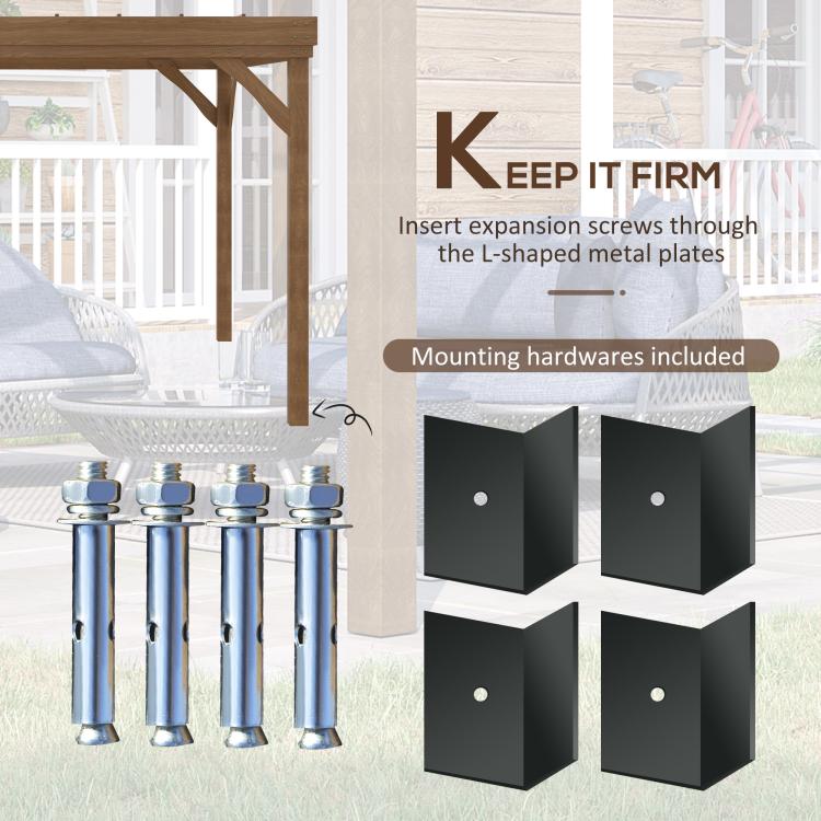Pergola mounting hardware with L-shaped metal plates and expansion screws