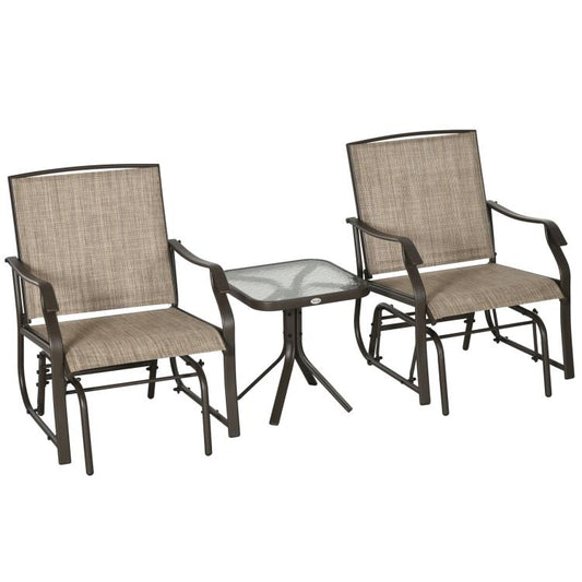 Outdoor rocking bistro chairs set with dark frame and beige sling mesh back and seat