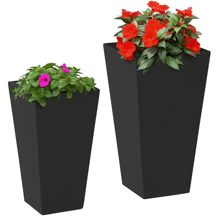 Pair of black outdoor square planters with green and red flowering plants