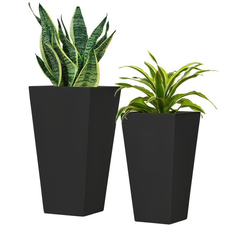 Pair of black outdoor square planters holding green plants