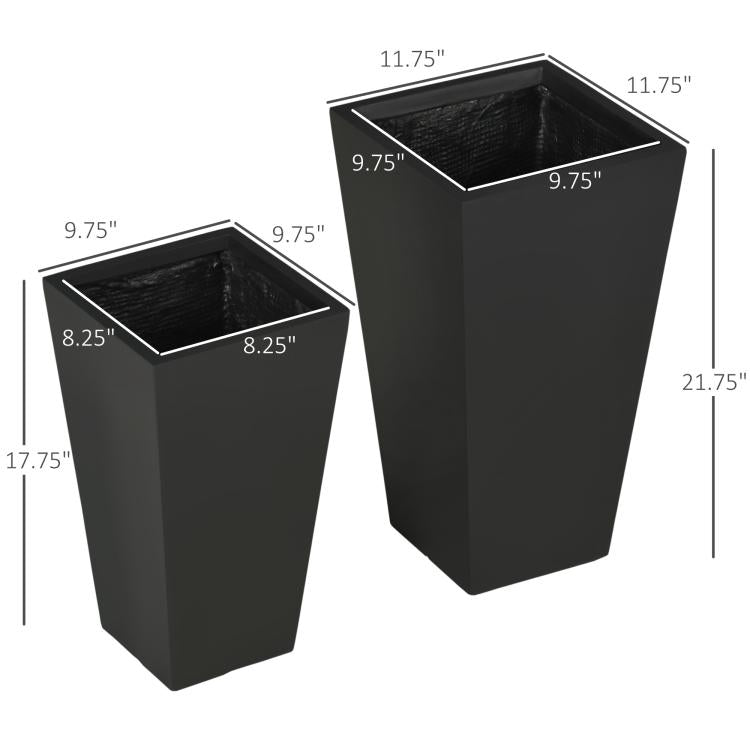 Set of two black square planters with textured interior and size outlines
