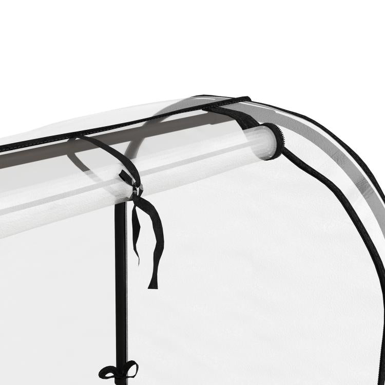 Raised garden bed cover with metal frame and fabric ties