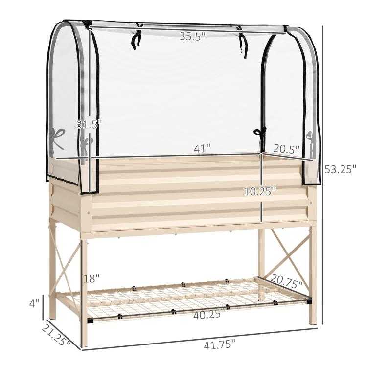 Cream raised garden bed with cover and legs, shown with measurements and shelf