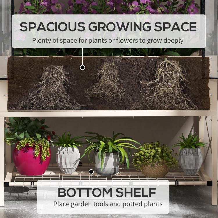 Raised garden bed showing bottom shelf and included garden bed liner