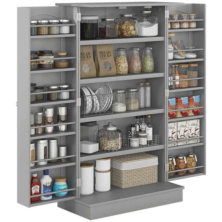Gray kitchen pantry cabinet with open double doors, shelves, and spice racks