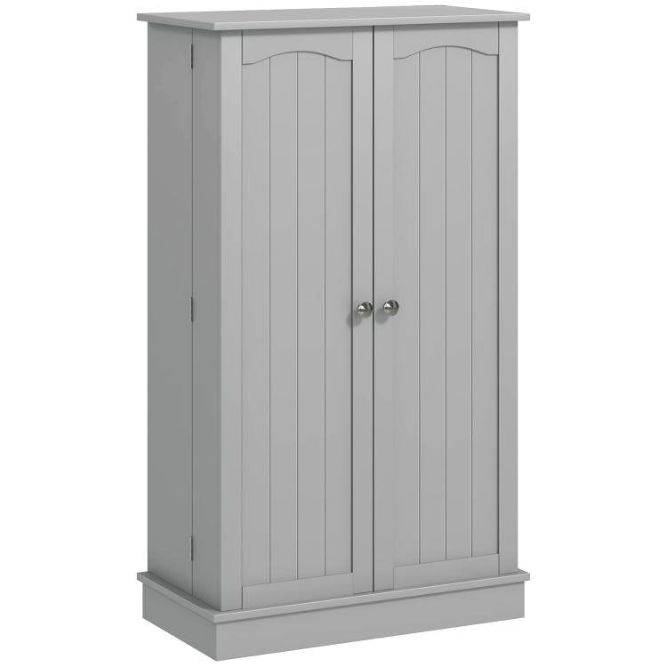 Gray freestanding pantry cabinet with two paneled doors