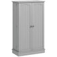 Gray freestanding pantry cabinet with two paneled doors and sturdy base