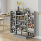 Gray kitchen pantry cabinet with open doors and tiered shelves for jars and tins