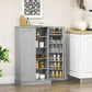 Gray pantry cabinet with open door and multi-level shelves for kitchen storage