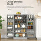 Gray kitchen pantry cabinet with double doors open and five-tier shelving
