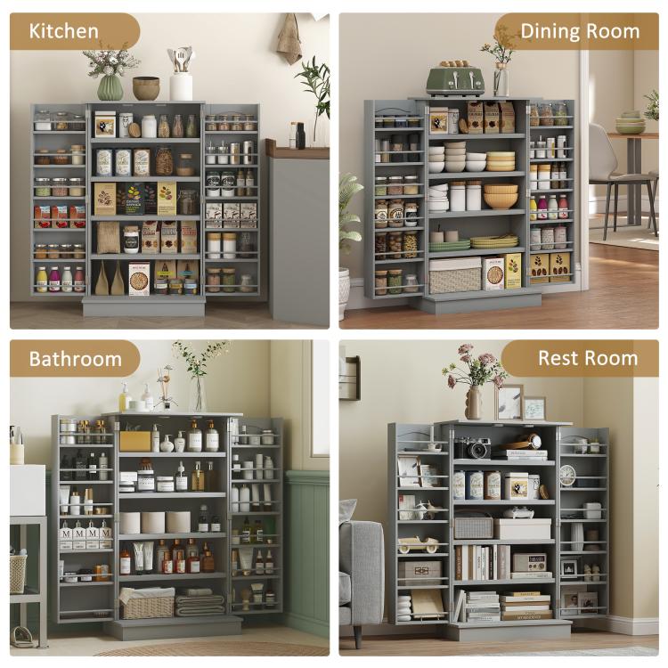 Gray pantry cabinet displayed for kitchen, bathroom, and room storage