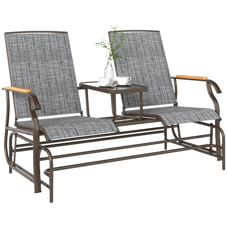 Gray 2-person outdoor glider bench with textured mesh seats and attached middle table