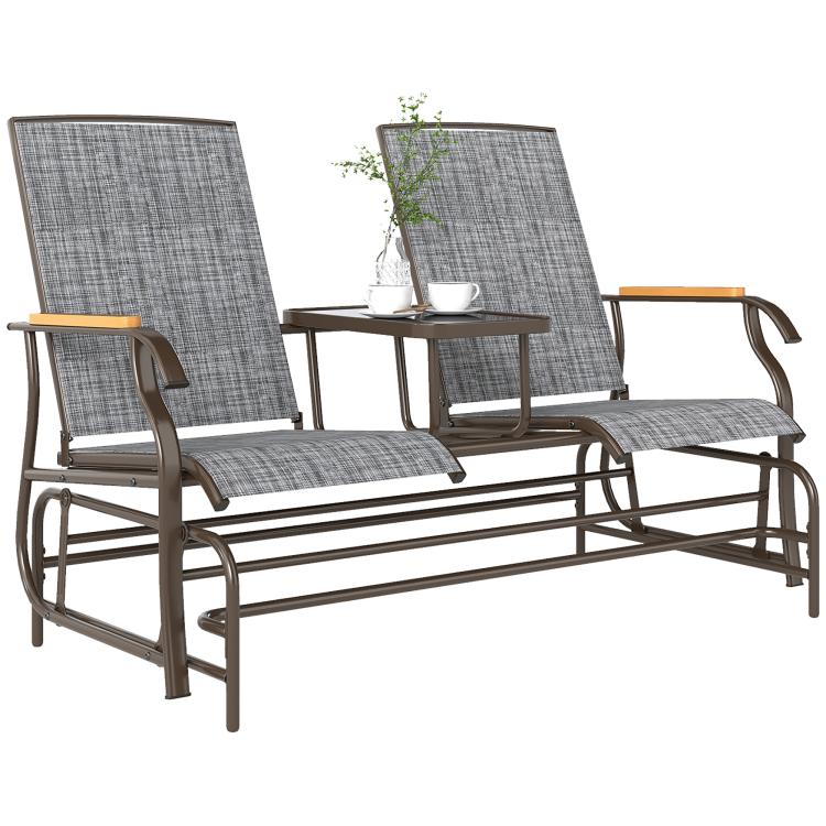 Gray loveseat glider bench with two upright armchairs and central round side table