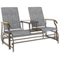 Gray outdoor glider loveseat bench with two cushions, side table, steel frame