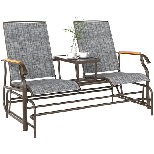 Gray 2-person outdoor glider bench with textured mesh seats and attached middle table
