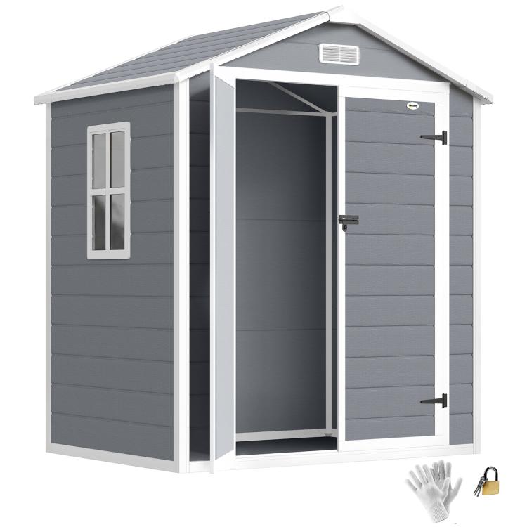 Gray plastic outdoor storage shed with double doors, window, and roof vent detail