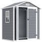 Gray outdoor storage shed with double doors, front window, and roof vent