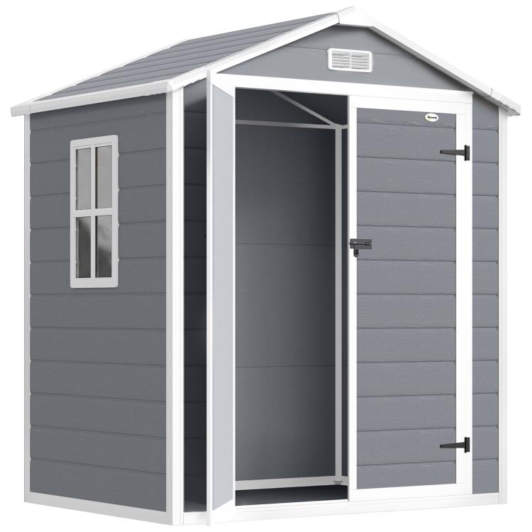 Gray outdoor storage shed with double doors, front window, and roof vent