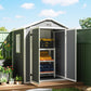 Gray plastic storage shed with double doors open, vented roof and shelves inside