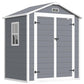 Gray plastic storage shed with double doors, side window, and roof vent