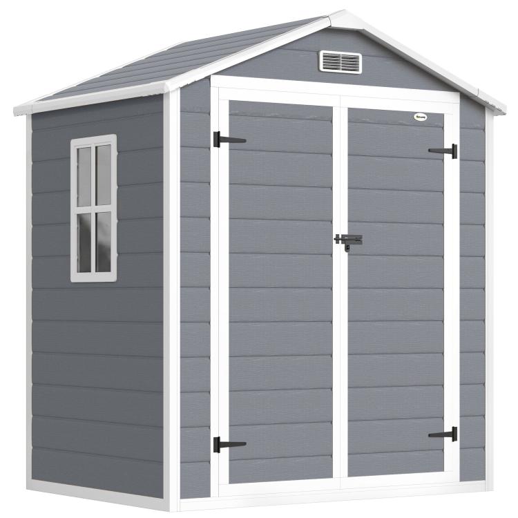 Gray plastic storage shed with double doors, side window, and roof vent