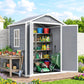 Open gray utility shed with interior shelves for garden tools and supplies