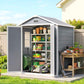 Open gray outdoor storage shed interior with shelves and equipment