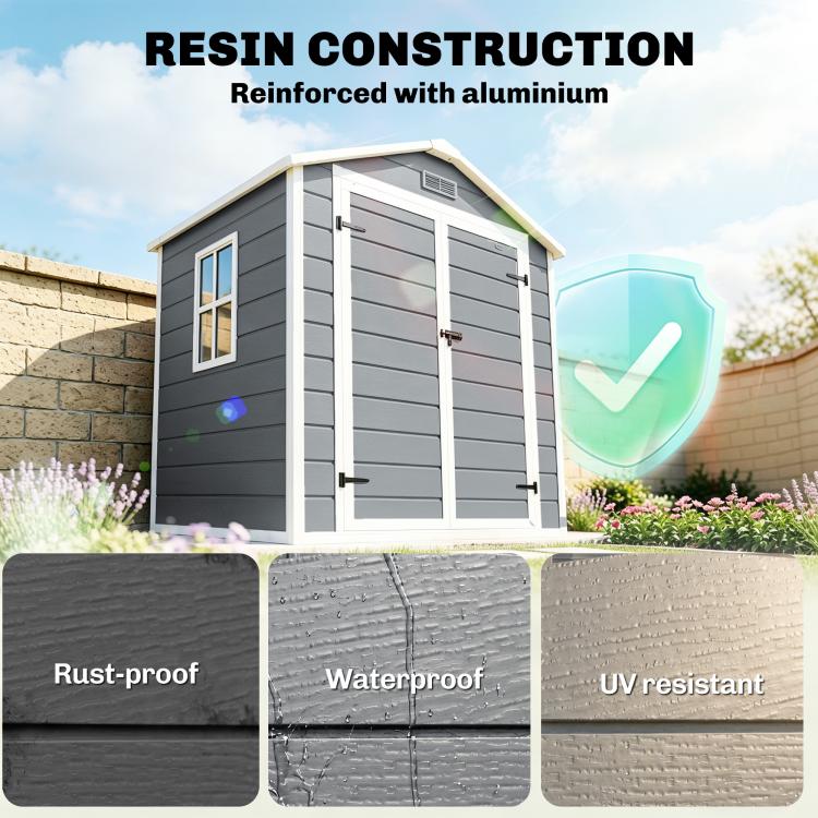 Resin utility shed with reinforced aluminum-style frame and front double doors
