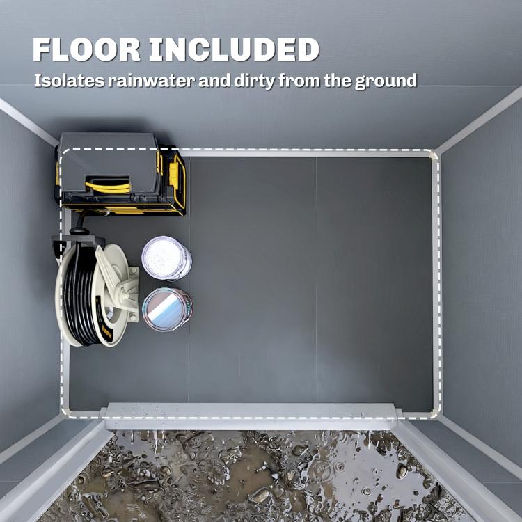 Inside view of gray storage shed showing included floor base for water isolation