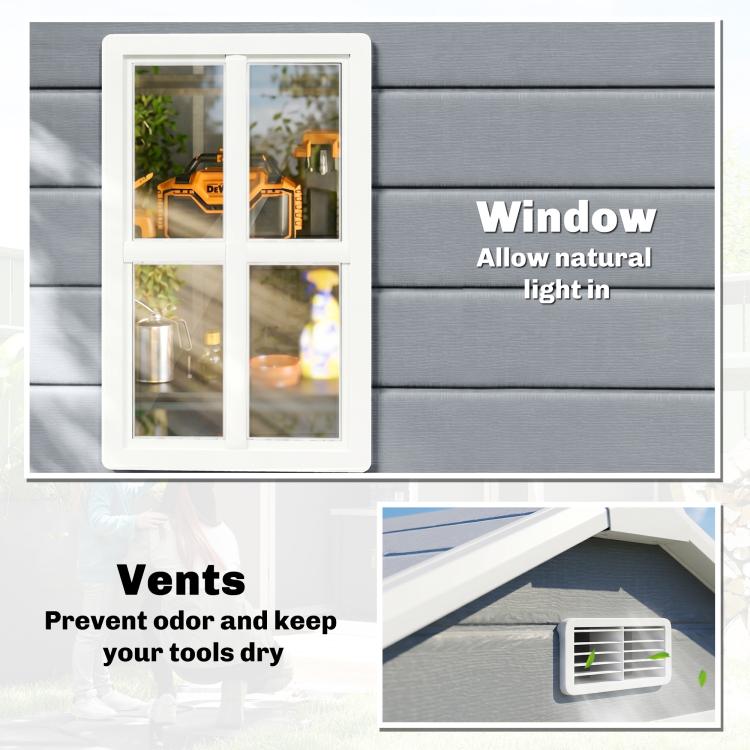 Gray shed side panel with window and roof vents for light and ventilation