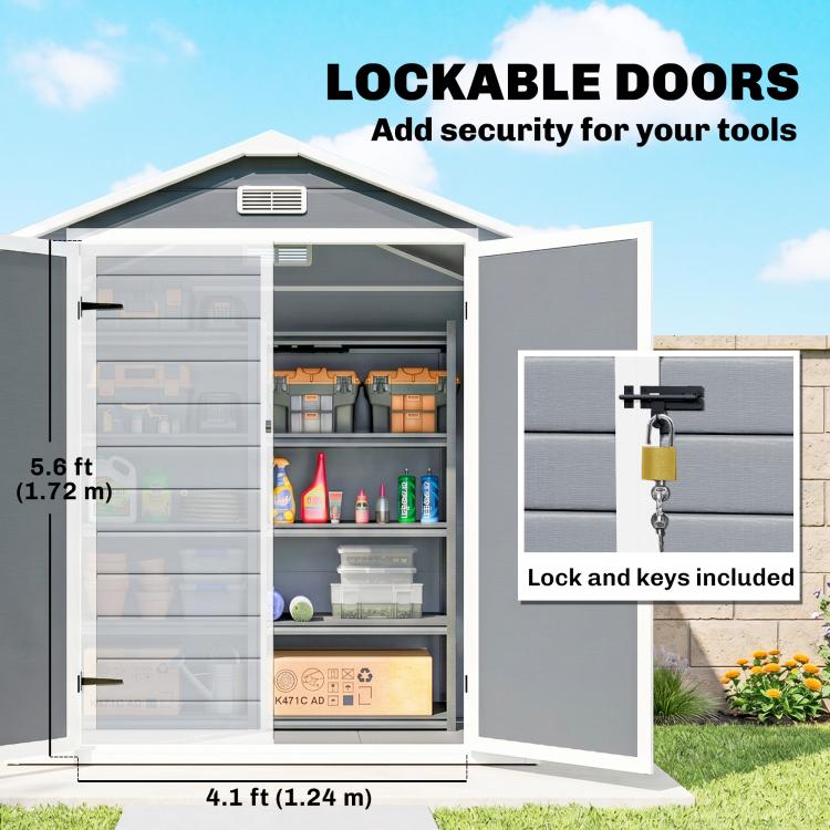 Gray shed with lockable double doors and included key system for security