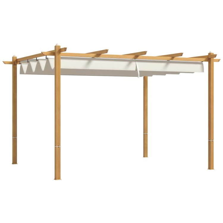Retractable pergola canopy with cream fabric and light wood-grain aluminum frame