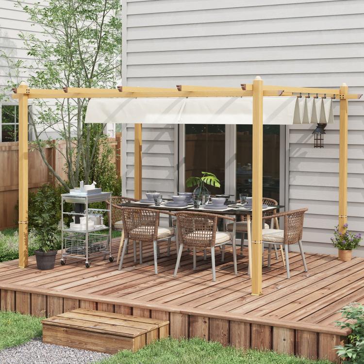 Retractable pergola canopy over patio with cream fabric and wood-grain aluminum posts