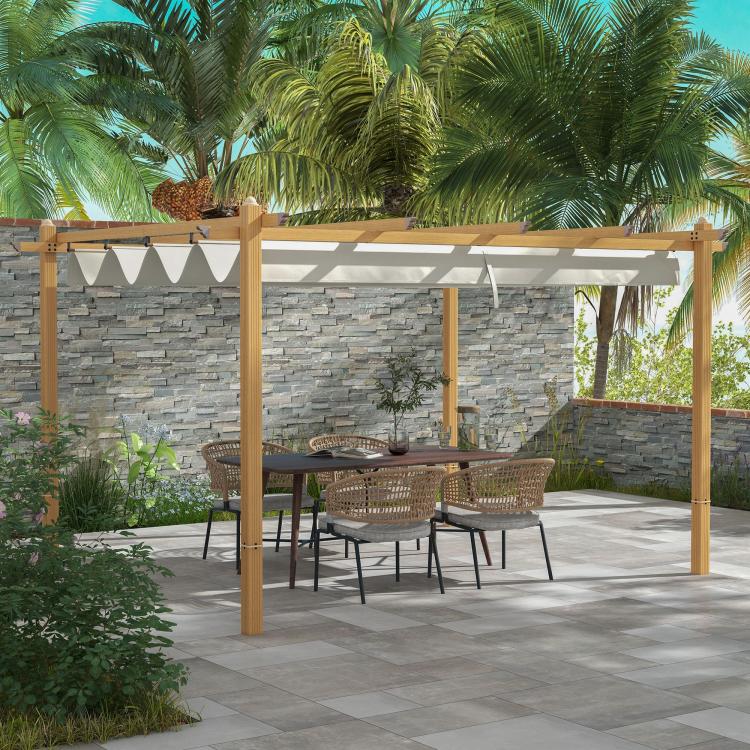 Retractable pergola canopy on patio with cream fabric and wood-grain aluminum frame