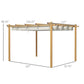 Retractable pergola canopy dimensions view with cream fabric and wood-grain frame