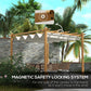 Retractable pergola canopy with cream fabric and wood-grain aluminum frame