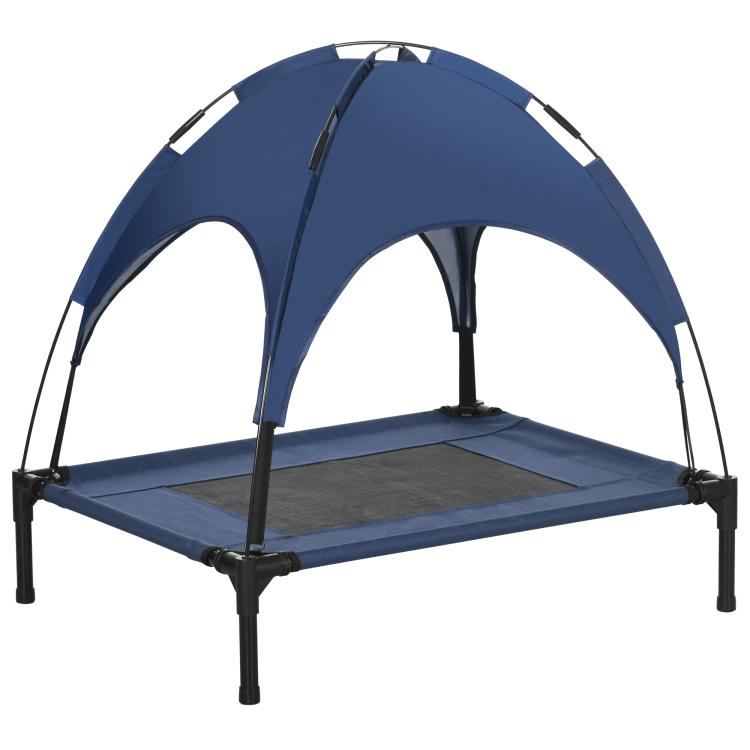 Dark blue elevated dog cot with removable UV canopy shade and black metal legs