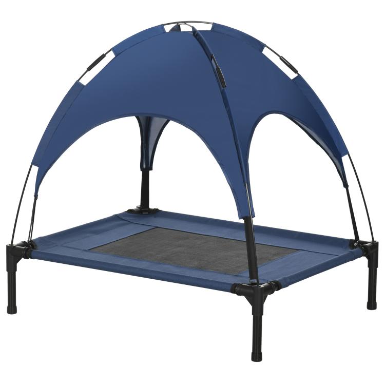 Dark blue elevated dog cot with arched UV canopy and mesh sleeping surface