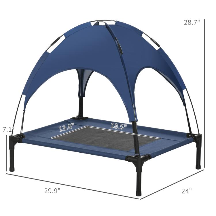 Dark blue elevated dog cot with UV canopy shade and black metal legs, shown with dimensions