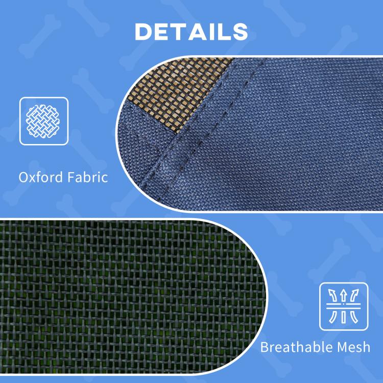 Product detail graphic showing blue oxford fabric and breathable mesh panels