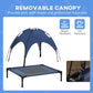 Removable UV canopy dog cot diagram with water-resistant and UV-resistant icons