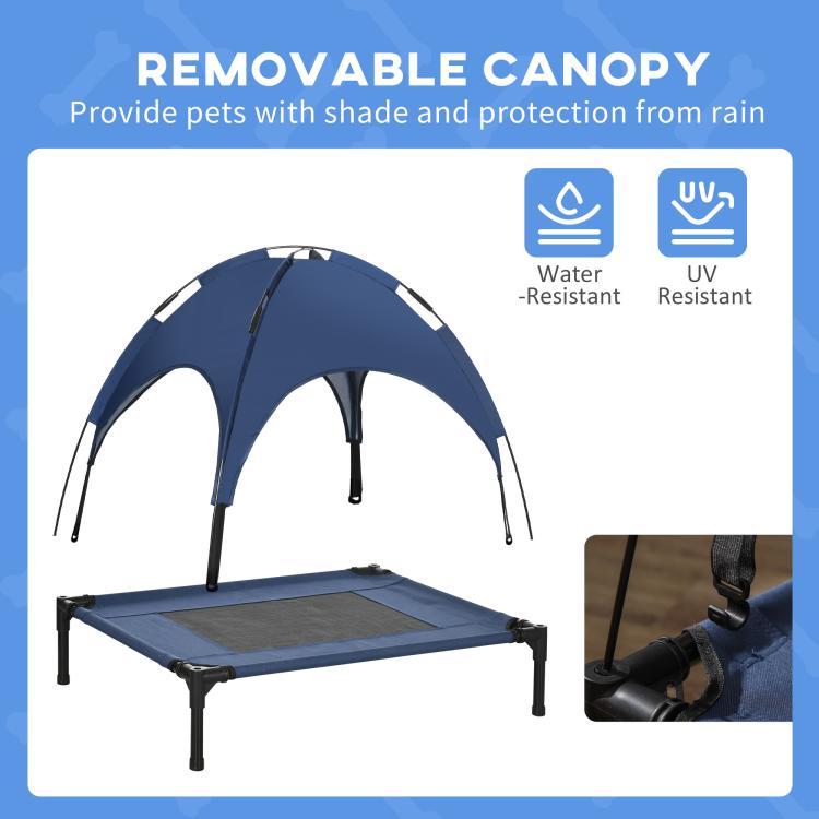 Removable UV canopy dog cot diagram with water-resistant and UV-resistant icons