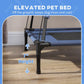 Close-up of dark blue elevated dog cot leg height with black support feet