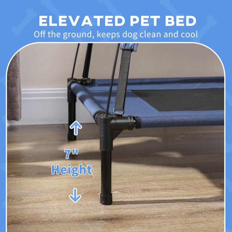 Close-up of dark blue elevated dog cot leg height with black support feet