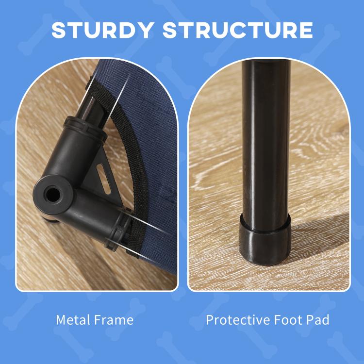 Sturdy dog cot frame detail with metal supports and protective foot pad