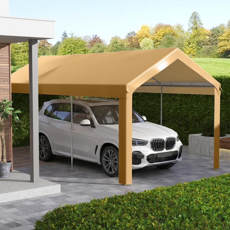 Beige carport canopy cover over vehicles with metal support posts