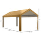 Beige carport canopy cover with dimensions shown, sloped top and corner posts